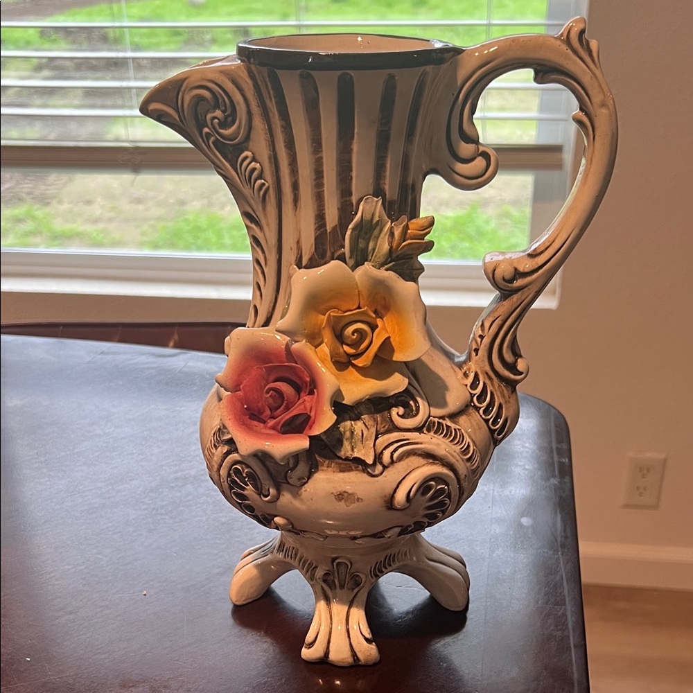 *******SOLD*********Capodimonte Floral Ceramic Pitcher with Roses